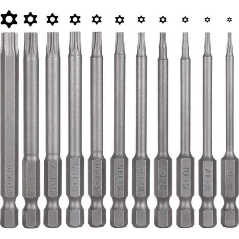 Set mit 11 Torx-Schraubendreherbits – 75 mm – S2-Stahl – magnetisch – Sechskant – T6, T7, T8, T9, T10, T15, T20, T25, T27, T30, T40 – elektrische Torx-Bits für T-Profilschrauben (1/5)