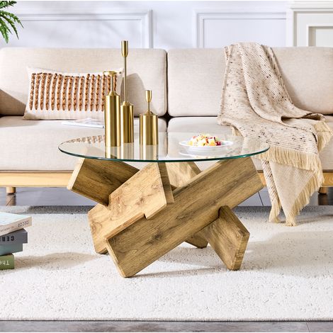 Tavolino da caffè rotondo 79x79x45 cm trasparente e effetto legno in MDF e vetro con base a croce (1/5)