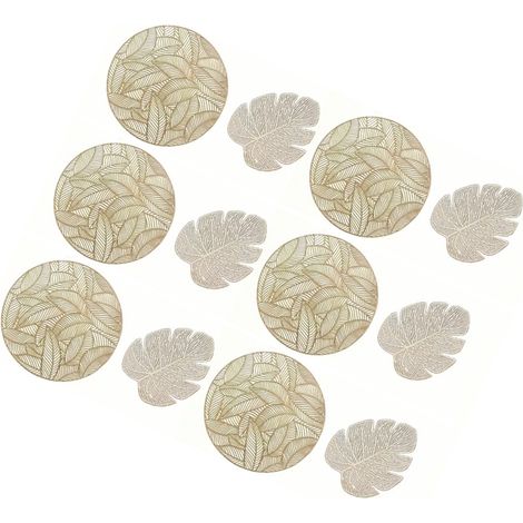 Ensemble de sets de table et sous-verres isolants creux : 6 sets de table ronds et 6 sous-verres en forme de feuille, couleur or. (1/5)