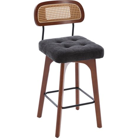 2er-Set Barhocker 360° drehbar mit Rattan-Rückenlehne und Chenille-Sitzfläche Schwarz (1/5)
