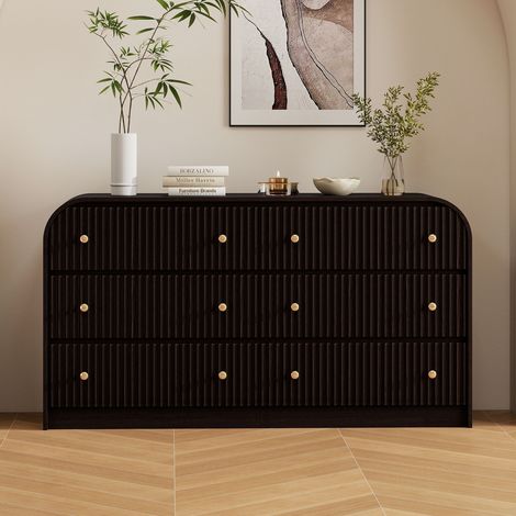 Kommode im Retro-Design, 148 cm Sideboard mit gewölbtem Bogendach, 6 Schubladen, MDF-Korpus, goldfarbene Rundgriffe, für Schlafzimmer & Wohnzimmer