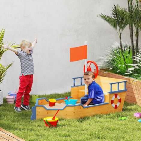Bac à sable en bois pour enfants, motif galion, avec 2 marches, banc avec rangement, drapeau et roue, bac à sable de jardin pour enfants de 3 ans et plus, 158 x 78 x 45,5 cm, naturel