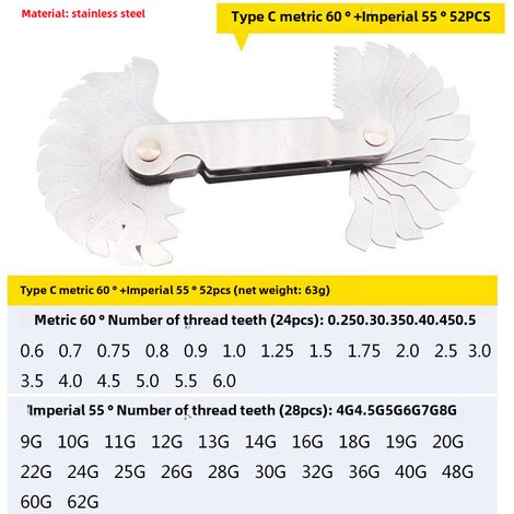 Calibre de filetage US métrique + anglais + britannique + US, gabarit de filetage pour nervures (52 pièces métriques + impériales) (1/5)