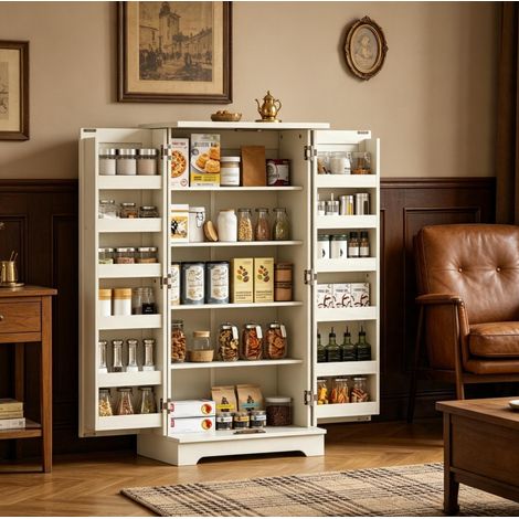 Hochschrank Küche 60 x 40 x 120 cm mit verstellbaren Ablagen, Creme HAVRYA (1/5)