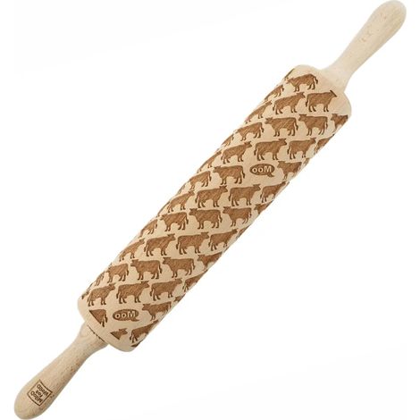 Rouleau à pâtisserie en bois MoodForWood, gravé, 43 cm, avec poignées, idéal pour la pâtisserie - motif vache (1/5)