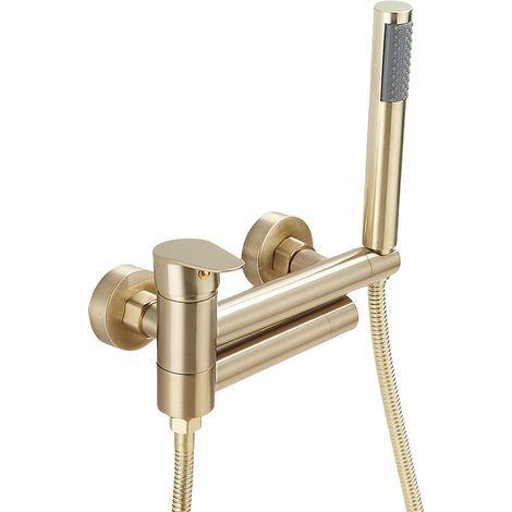 Robinet Douche Mural Laiton Monocommande Mitigeur De Baignoire Avec Douchette Et Flexible De Douche (150cm) Doré (1/2)