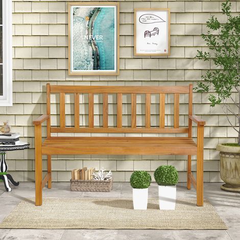 Banc de jardin 2 places en bois d'acacia naturel avec dossier, accoudoirs et barre de renfort pour terrasse, patio et balcon (1/5)
