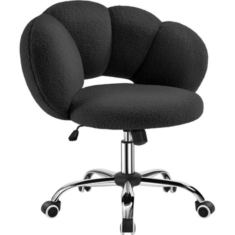 Yaheetech Sedia da Ufficio Scrivania Cameretta Imbottita Senza Braccioli Ergonomica con Ruote Girevole, Schienale Design a Nuvola in Tessuto Bouclé, Altezza Regolabile, Nero, Base Argento