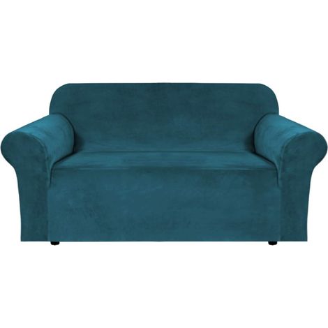 Stretch-Sofabezug aus Samt für 2 Kissen, Couchbezug für Wohnzimmer, Sofa-Schonbezug mit Anti-Rutsch-Bändern an der Unterseite, superdicker und bequemer Samt (147,3–182,9 cm Breite, Deep Water Duck Blu