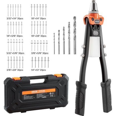 Riveteuse Manuelle à Deux Mains, Kit d'Outils à Riveter Complet, pour Métal Automobile Maison, Pince à Rivet Aveugle avec 230 Rivets, 5 Embouts Interchangeables, 5 Forets et 1 Mallette (1/5)