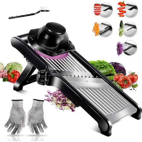 Mandolina multifunzione da cucina, affettatrice professionale regolabile in acciaio inossidabile per tagliare alimenti + 1 spazzola per la pulizia e guanti resistenti al taglio MINKUROW (1/5)
