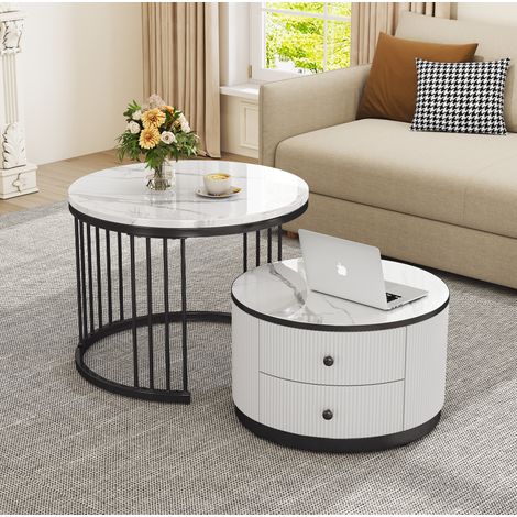 Couchtisch 2-teilig aus MDF, Weiß/Schwarz, rund, 60x60x45,5 cm + 50x50x32 cm, hochglanz Marmoroptik (1/5)