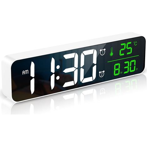 Digitaler Wecker, LED-Nachttischuhr [10 Zoll großes LED-Display], elektrische Spiegel-Tischuhren mit Datums-, Uhrzeit-, Temperaturanzeige, Schlummerfunktion, 6 Helligkeitsstufen, 4 Lautstärken – Weiß (1/5)