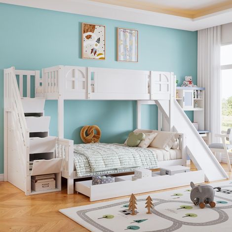 Letto a castello 90x200/120x200 cm con scivolo, Letto per bambini con scala contenitore e cassetto estraibile, in legno di pino massello e MDF, Bianco (1/5)