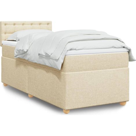 Cama box spring con colchón tela color crema 90x200 cm