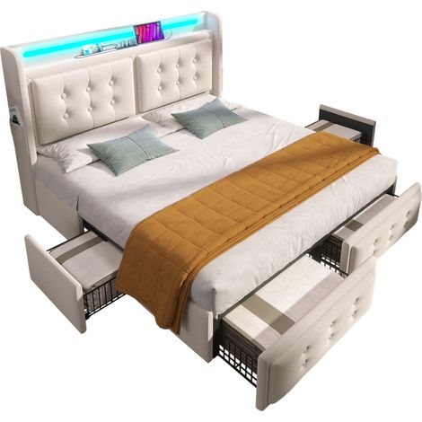 Lit coffre 140x200 avec tête de lit LED, ports USB-C et USB, 4 tiroirs, matelas 620 ressorts, beige coton-lin, charge 300 kg - CHICFURN (1/5)