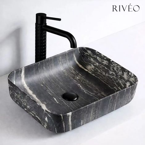 Vasque à poser en céramique noir effet marbre 50 x 39 x 13,5 cm avec bonde clic-clac noire incluse - RIVÉO (1/4)