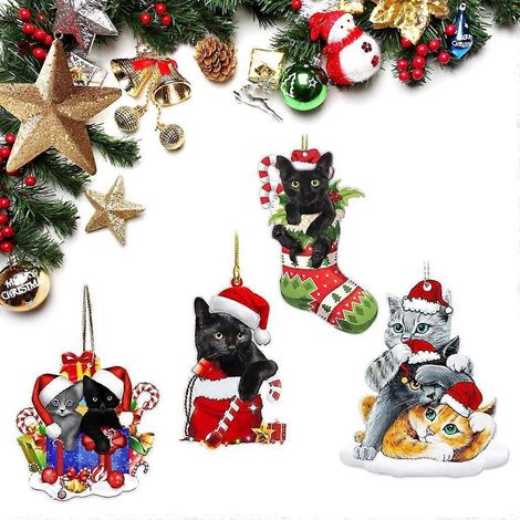 Lot de 4 décorations modernes pour sapin de Noël, motif chat. (1/4)