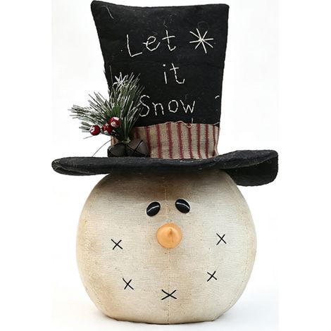 Cabeza de muñeco de nieve de tela vintage (27 cm), adorno de mesa navideño, muñeco de nieve de arpillera con sombrero (1/4)