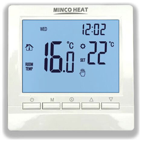 Termostato programable 3A con pantalla LCD digital y retroiluminación azul.