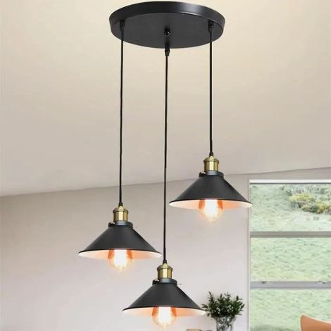 U-Do Suspension Luminaire Vintage 3 Têtes Lustre Cage en Fer Lampe Disque Noir décoration Chambre Cuisine (1/4)