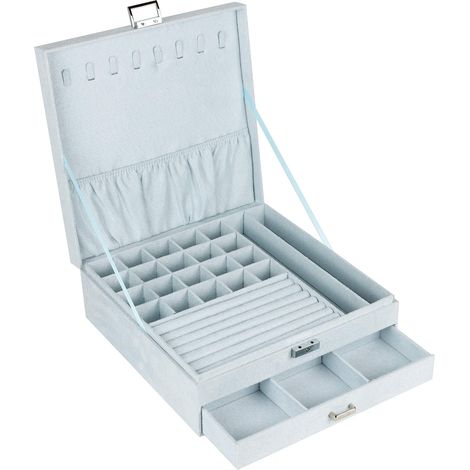 Boîte à bijoux 2 couches avec tiroirs, boîte de rangement multifonctionnelle pour bijoux en velours, boîte de présentation de bijoux pour colliers, bagues, boucles d'oreilles, montres (gris) (1/5)