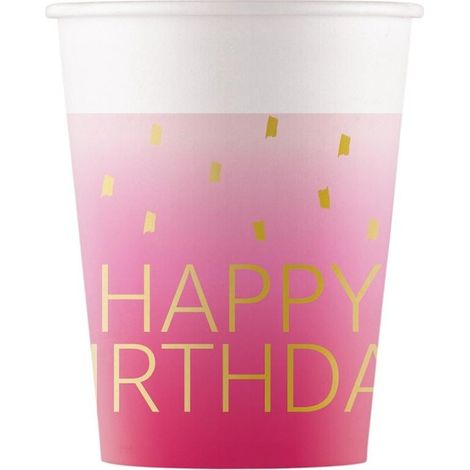 Bicchieri di carta rosa "Buon Compleanno" da 200 ml, 8 pezzi