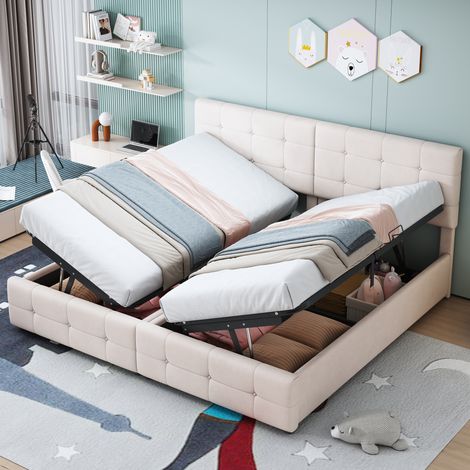 lit adulte coffre modulable 180x200 velours beige OKMYHOME (1/5)