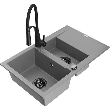 Mexen Gaspar Granitspüle 1,5-Schalen mit Abtropfbrett und Küchenarmatur Aster, grau - 6507-71-73450-70-B (1/5)