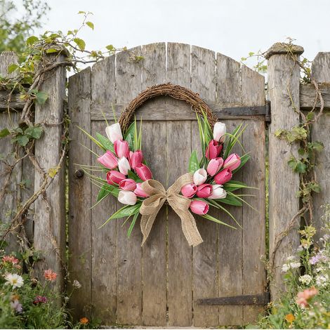 Couronne de fleurs artificielle pour porte d'entrée, idéale pour Pâques. Couronne printanière résistante à la décoloration, pour décoration intérieure et extérieure. Cerceau en rotin rouge, rose et bl (1/5)