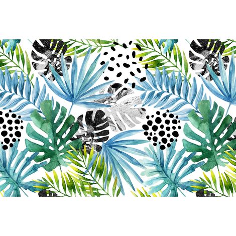 Papier peint panoramique feuille bleu, vert & gris | Tapisserie panoramique tropicale salle de bain | Papier peint panoramique idéal pour escalier - 267 x 400 cm (4 pièces) (1/2)