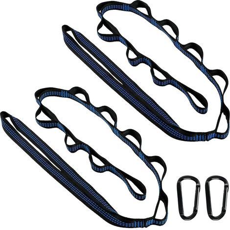 Lot de 2 sangles de suspension pour hamac, 300 kg, pour arbre, suspension, balançoire, corde avec 2 mousquetons à crochets, pour camping, extérieur, randonnée - Bleu (1/5)