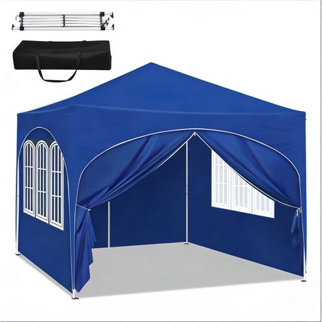Faltpavillon 3 x 3 m blau mit Seitenwänden, Metallgestell, Tragetasche (1/5)