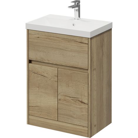 Montego Autumn Oak 600mm 1 Drawer 2 Door Vanity Unit with Rimini Basin