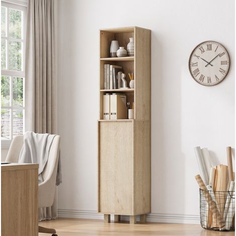 Armadio Alto da Bagno con Ante e Ripiani Aperti, Contenitore Verticale, in MDF Rovere, 35×30×162.5 cm (1/5)
