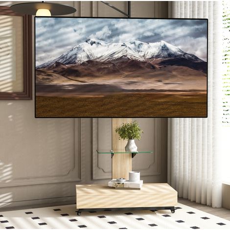TV-Wagen aus MDF und Metall, Naturholz, 80,0 x 40,0 cm, höhenverstellbar, mit Glasablage, Schublade und Rollen (1/5)
