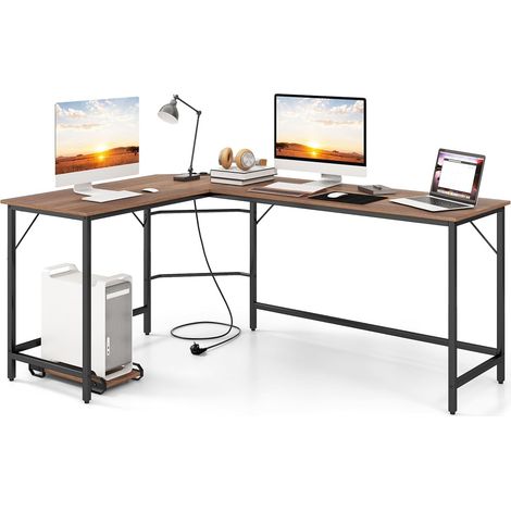 COSTWAY Escritorio Esquinero con Toma de Corriente, 168x125 cm, Escritorio en L Grande con Soporte para CPU, Marco de Metal, Mesa en L Oficina (Natural) (1/5)