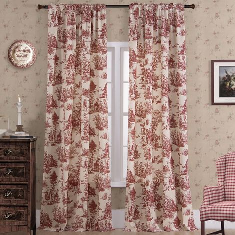Lot de 2 rideaux occultants rouges de 213 cm de long pour décoration de salle à manger, joli motif en toile à imprimé floral blanc crème, ferme, Noël, campagne, jolis rideaux pour fenêtre de salon, - (1/5)