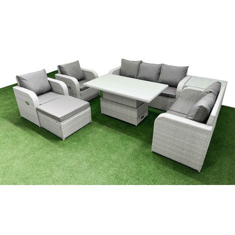 Fimous PE Rattan Garden Furniture Set Reclining Chair Sofa Double Love Seat 2 Seater Sofa Lounge Set Adjustable Lifting Dining or Coffee Table Big Footstool Side Table Light Grey (1/5)