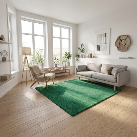 Tapis Gabbeh tissé Tapis Uni - Tapis en laine - 150x150cm, Square - 100% Laine vierge - Tissé main - Vert foncé