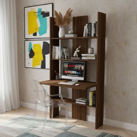 Libreria con scrivania incorporata: spaziosa, robusta e facile da montare - Noce canaletto