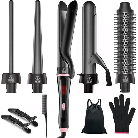 5 in 1 Curling Iron with Thermal Brush and Interchangeable Ceramic Barrels (0.35"-1.25"), Curling Iron Set with Straightener Instant Double Voltage Heating, Gifts for Women (1/5)