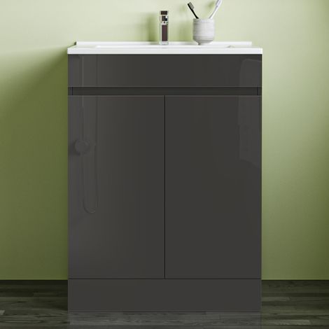 800x600mm Bathroom Anthracite Vanity Unit With Storage Space Soft Close DoorsWhite Thin Ceramic Basin (1/5)