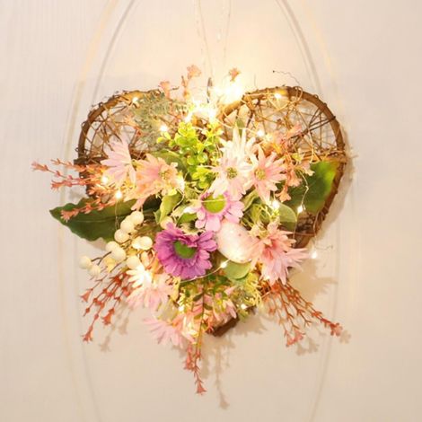 Guirlande Lumineuse en Forme de Cœur - Couronne Artificielle Fleurs Printemps Été - Décoration Porte d'Entrée Intérieur Extérieur - 40 x 50 cm (1/3)