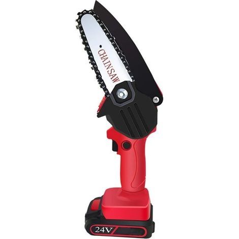 Mini tronçonneuse électrique rechargeable au lithium 24 V - Scie à main sans fil pour le travail du bois - Outil de coupe et d'élagage pour le jardin (rouge) (1/5)