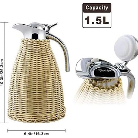 Thermoskanne für Kaffee, doppelwandige, vakuumisolierte Edelstahlkanne mit handgefertigtem Rattankorpus, 1,5 l (1/4)