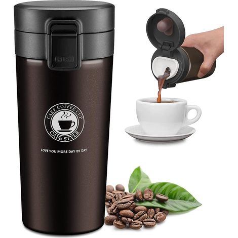 Mug de voyage isotherme - 380 ml, isolation sous vide, double paroi, étanche, acier inoxydable sans BPA (marron) (1/5)