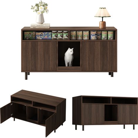 Meuble cache-litière pour chat avec tapis anti-projections, rangement intégré et double porte, aspect bois foncé, 120 x 50 x 66 cm  CHICFURN (1/5)