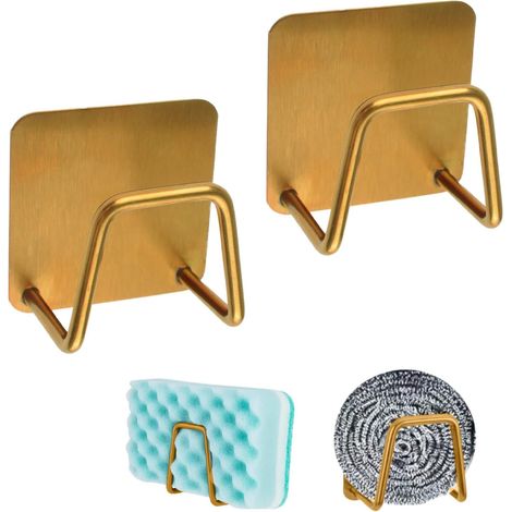 Porte-éponge adhésif, 2 pièces en acier inoxydable pour évier, porte-éponge à savon, support premium, accessoires de cuisine/Or Doré -'2 Doré'Doré'-