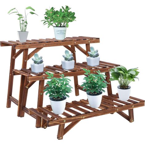 Porte Plante Extétieur Bois, Étagère Plantes Extétieur Individuelles Escalier PLantes Bois Lot de 3 Support Plantes Intérieur pour Balcon Terrasse Salon Jardin - Charge Max 40kg (1/5)